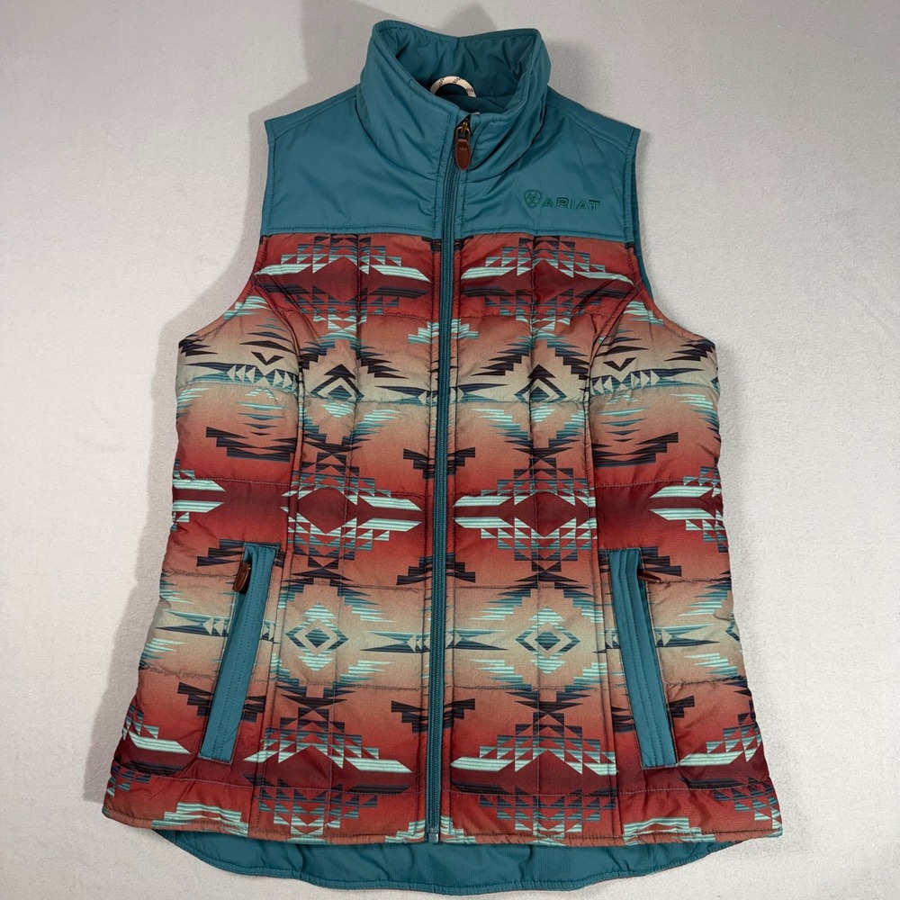 Ariat Crius Insulated Vest Womens Medium Teal Rust Southwestern Western Puffer